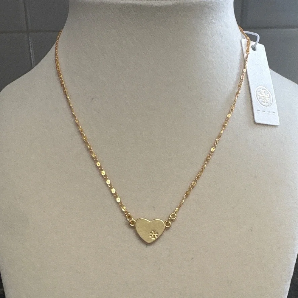 Tory Burch Gold Tone Heart Pendant Necklace Logo Crystal Charm New with Tags